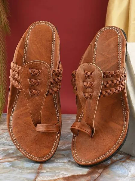 Anjaneya Creations Men's Kolhapuris Handcrafted Tan Leather Slip-On